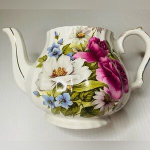 Vintage Sadler Windsor Teapot Dark Red Burgundy Roses Handle No Lid England